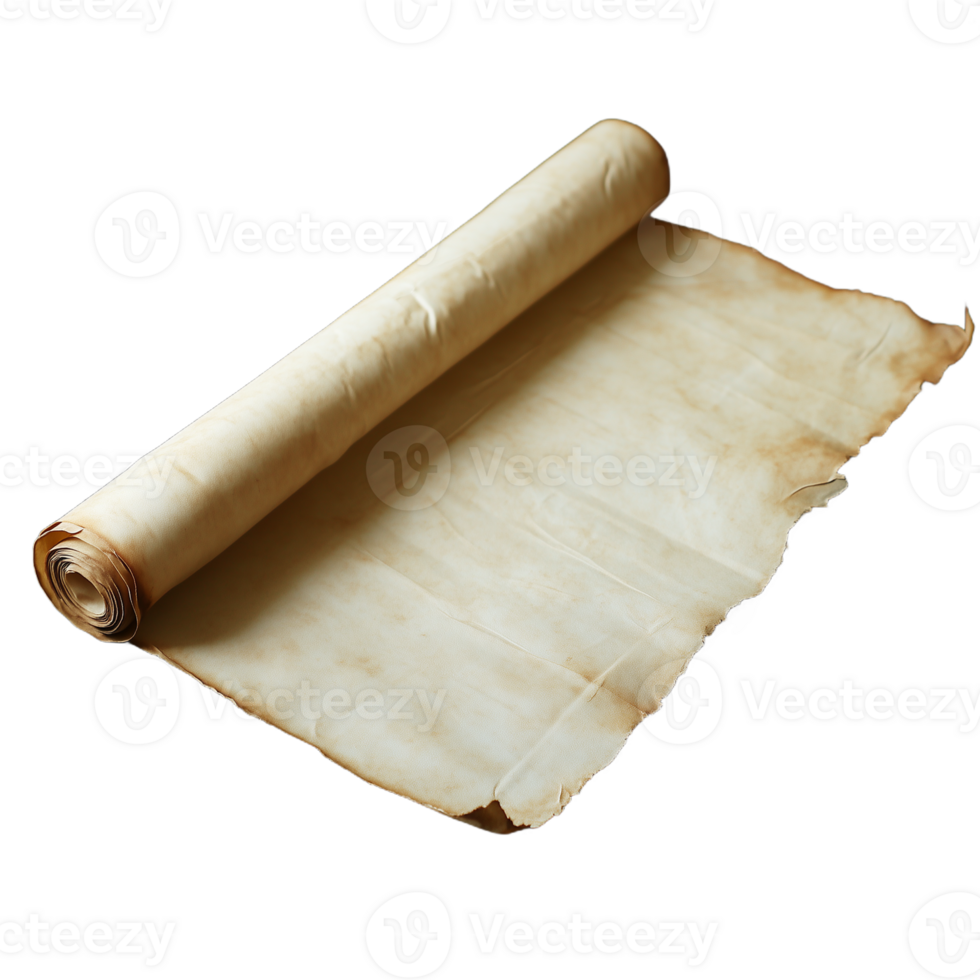 Realistic photo of a rolled parchment scroll with worn edges on a transparent background png