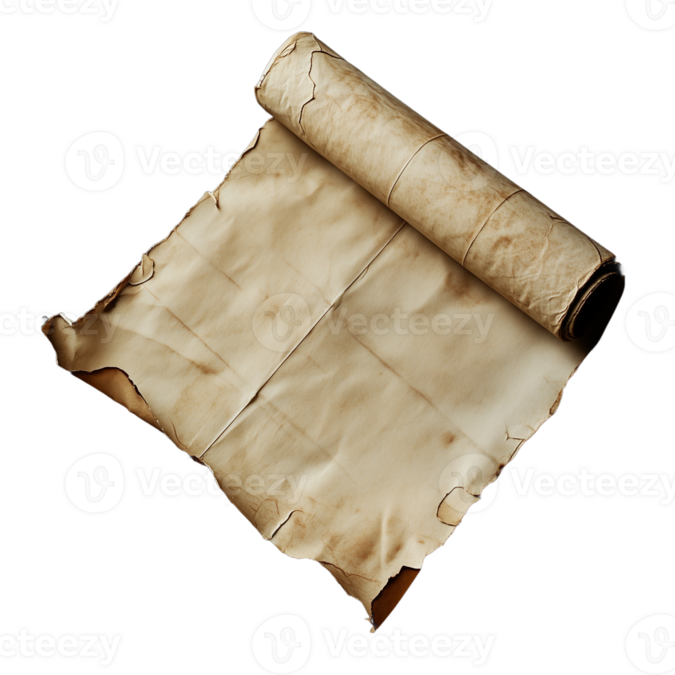 Realistic photo of a partially unrolled parchment scroll with weathered edges on a transparent background png