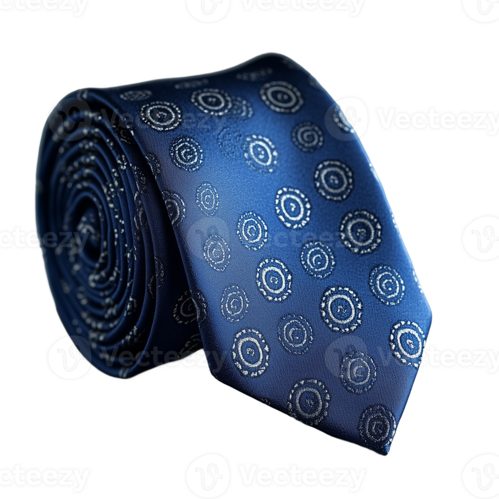 Realistic photo of a blue tie with circular patterns on a transparent background png