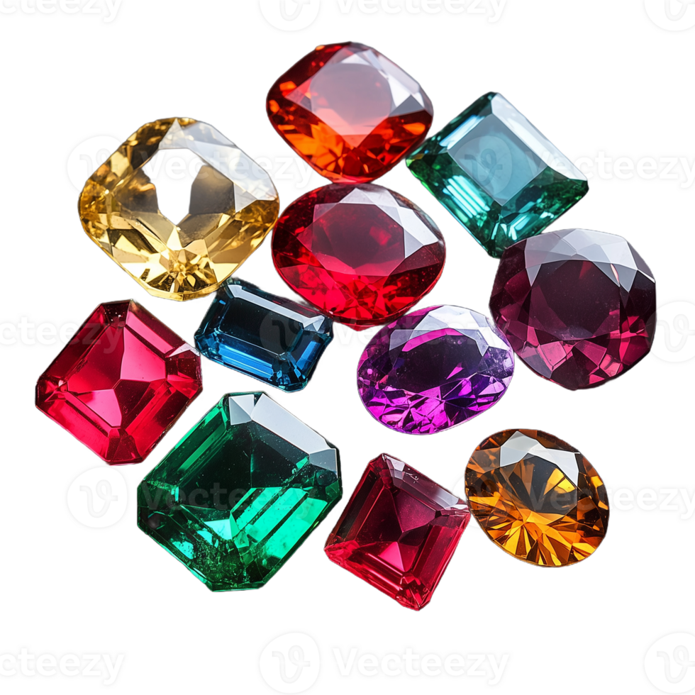 A collection of colorful gemstones in various shapes and sizes on a transparent background, showcasing vibrant colors like red, green, blue, and yellow. png