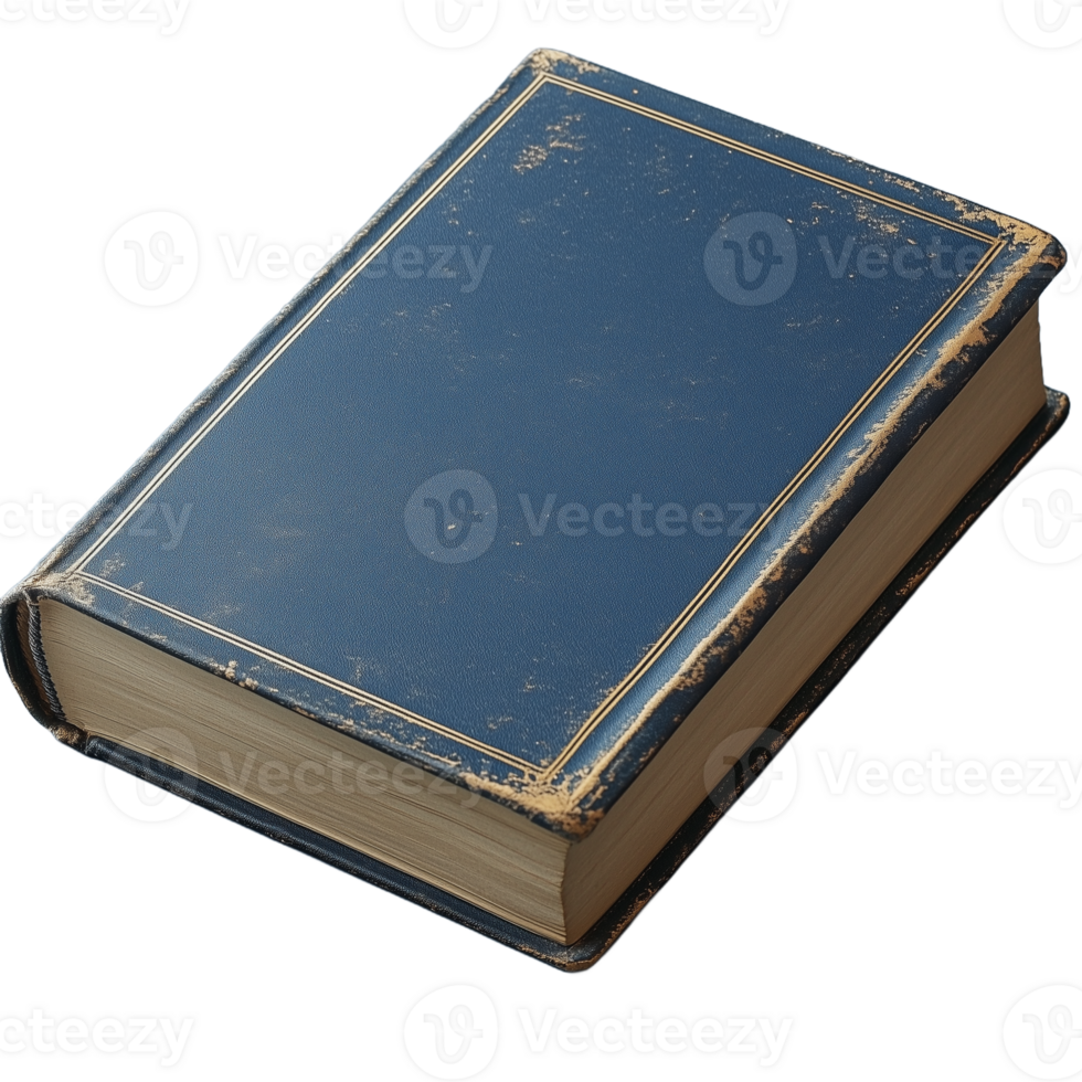 Photo of an old blue book with worn pages and a hardcover on a transparent background png