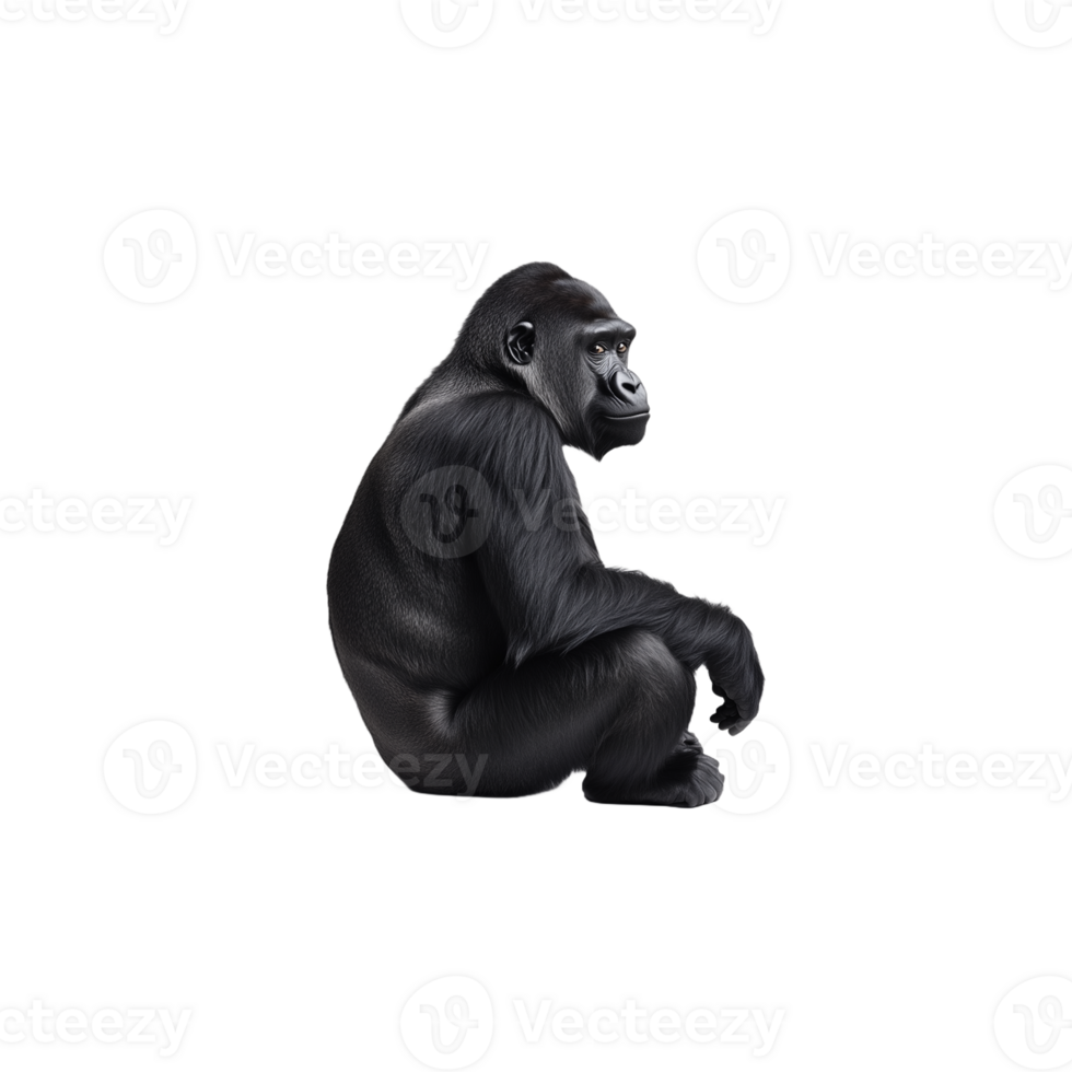 A 3D render of a black gorilla sitting and looking forward on a transparent background png