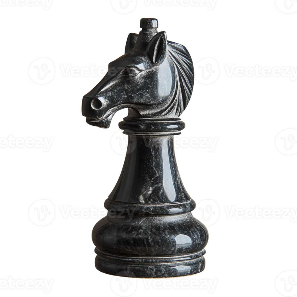 A 3D render of a black chess knight piece shown in full detail on a transparent background png