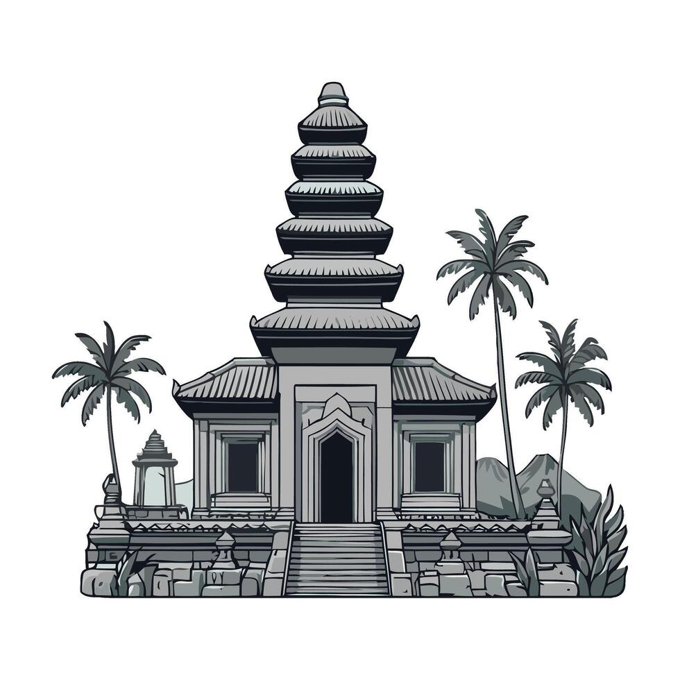 An illustration of a temple with palm trees black and white icon vector