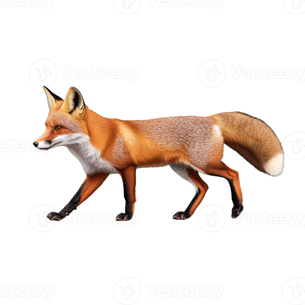 Realistic photo of a red fox walking with its head slightly lowered on a transparent background png