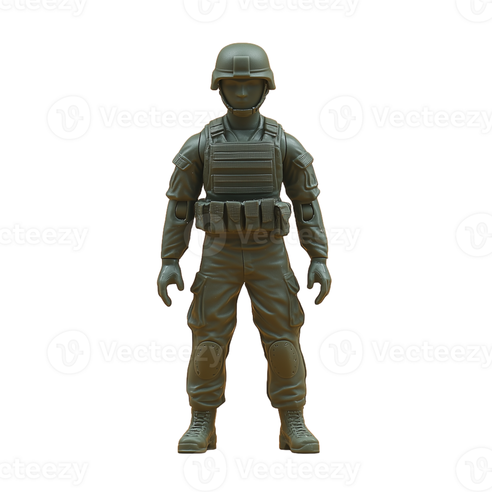 Green plastic toy soldier with helmet and army gear isolated on transparent background png