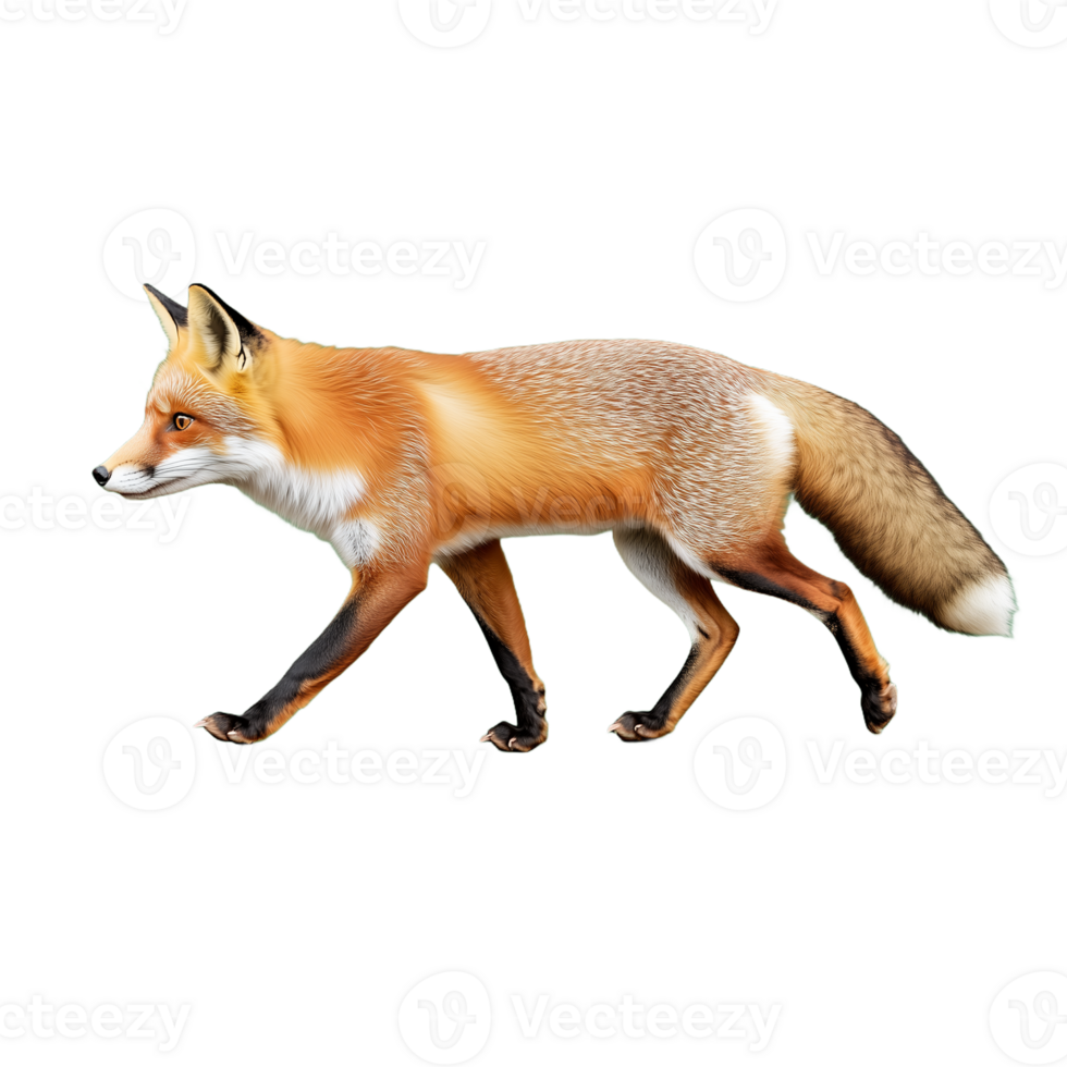 Realistic photo of a red fox in mid-walk on a transparent background png