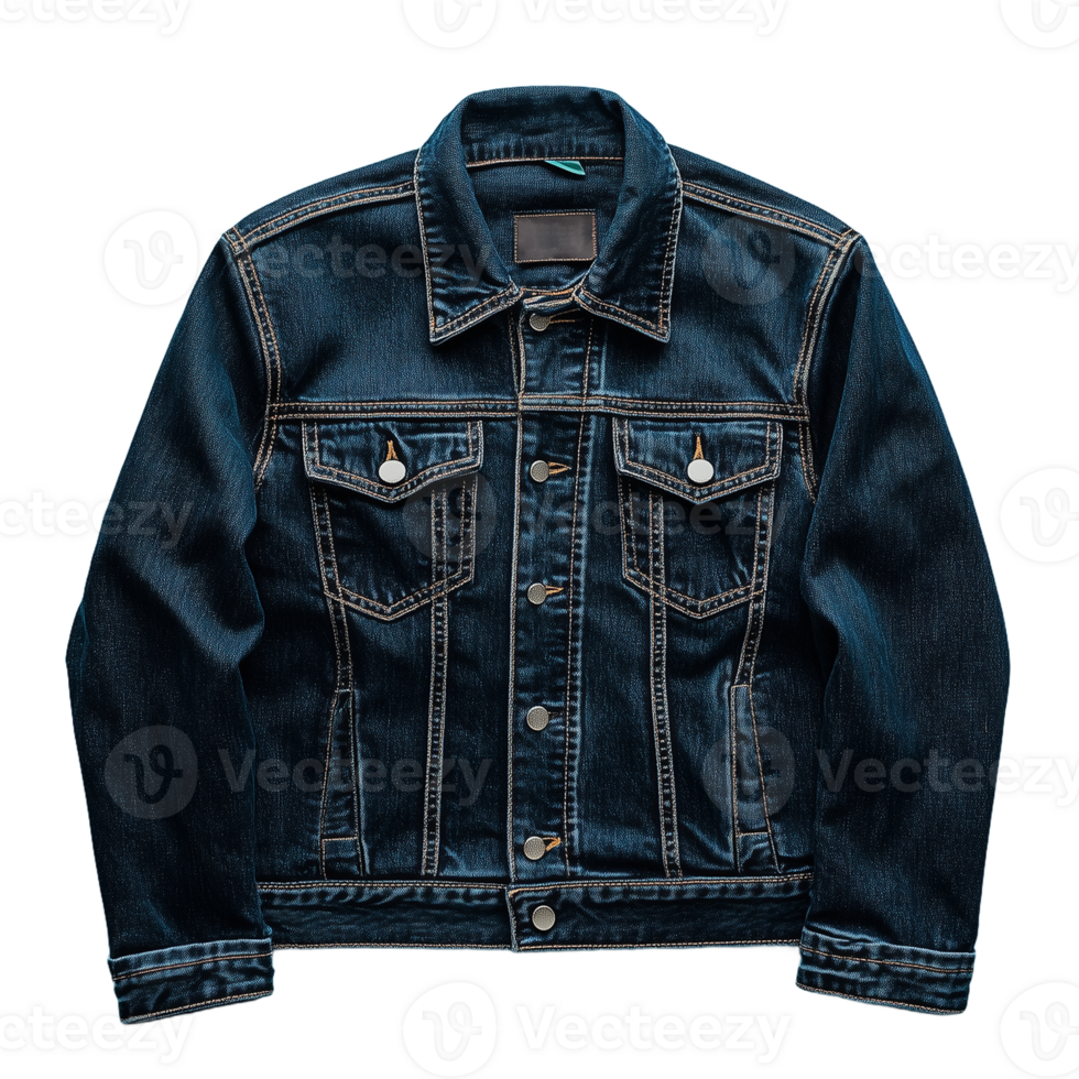 Dark blue denim jacket with collar and button details isolated on transparent background png