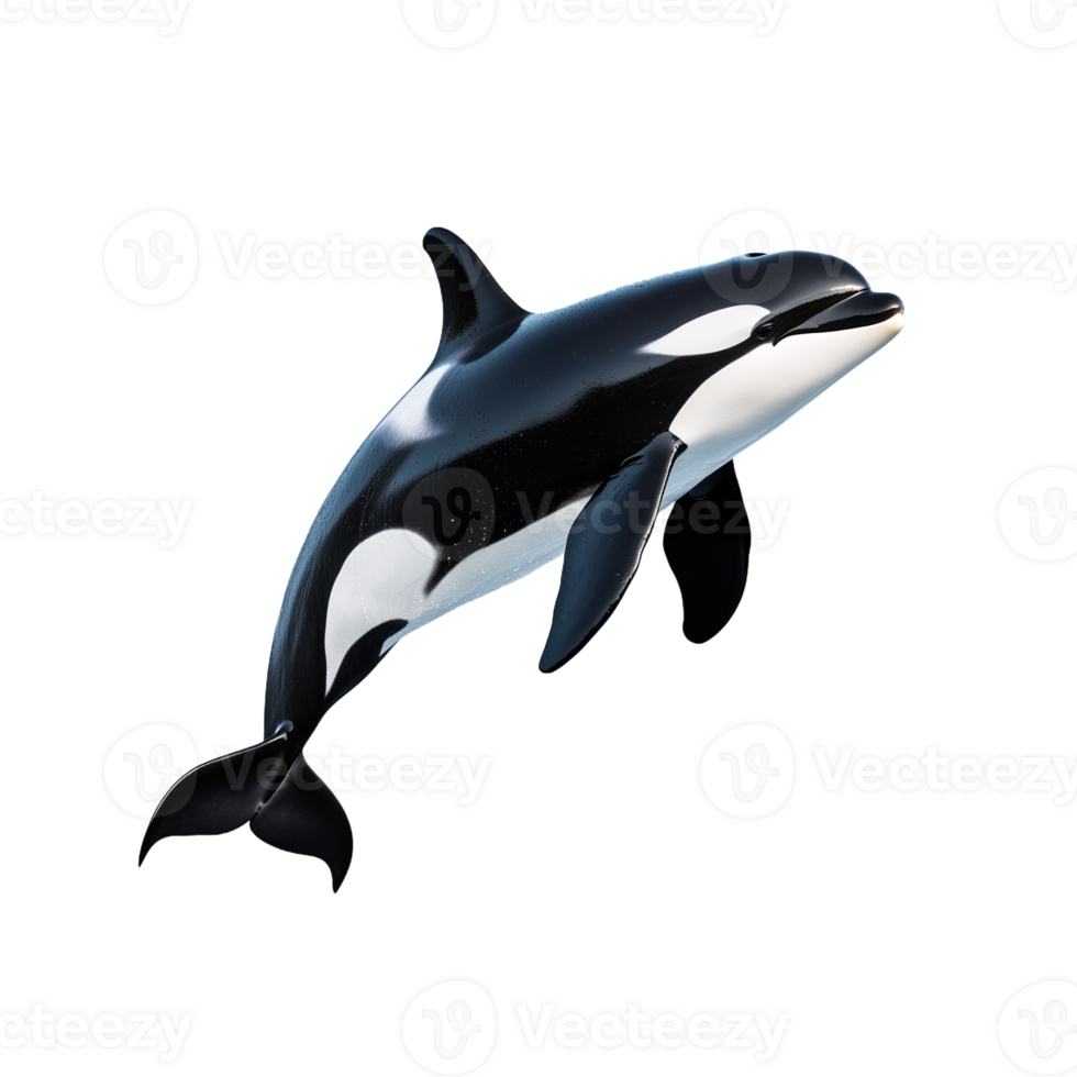 A detailed 3D render of an orca in mid-swim displayed on a transparent background with natural black and white colors png