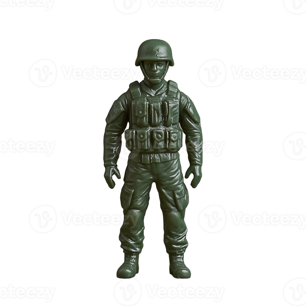 Plastic toy soldier figurine in green army uniform isolated on transparent background png