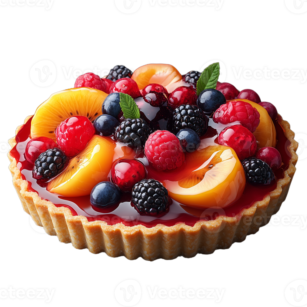 Fresh fruit tart with colorful berries and peaches on transparent background png