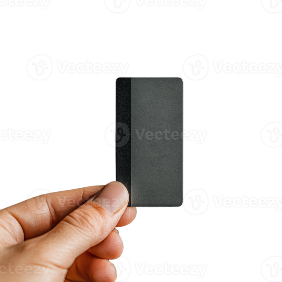 Hand holding a small black rectangular object on transparent background png