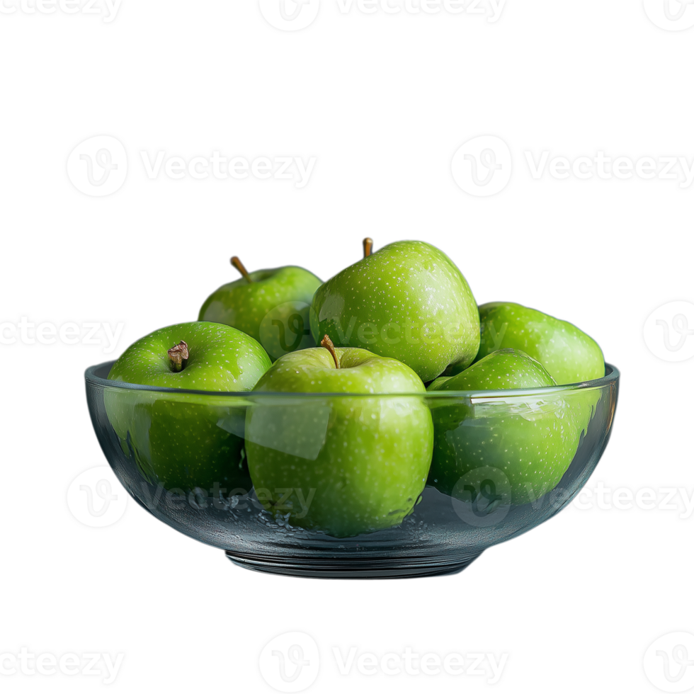 Bowl of fresh green apples on transparent background, healthy fruit png