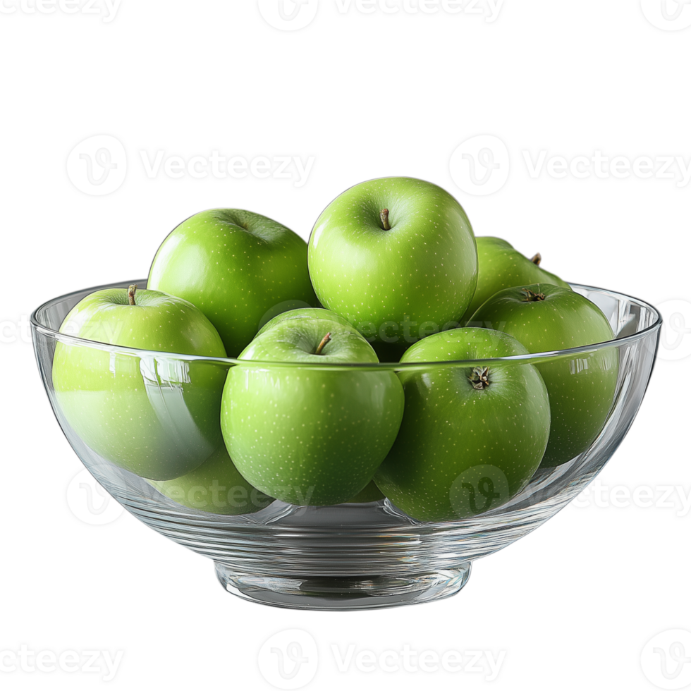 Glass bowl filled with fresh green apples on transparent background png