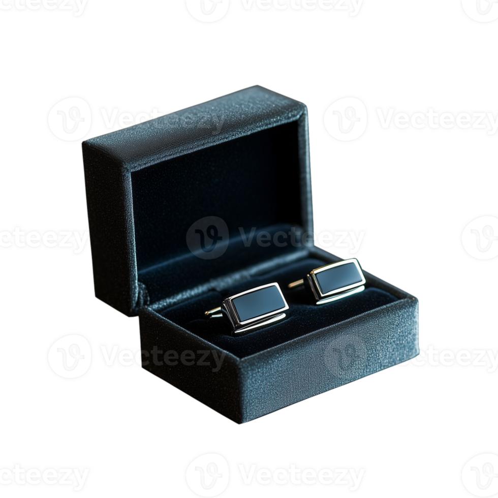 Elegant cufflinks in an open black box on transparent background, perfect for formal events and gifting occasions png