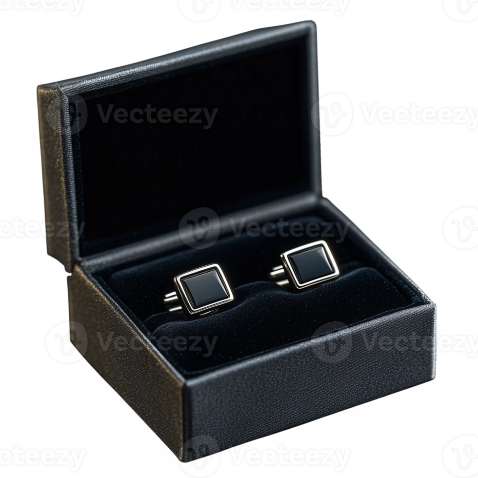 Elegant black cufflinks in a luxury box on transparent background for formal occasions and gifting png
