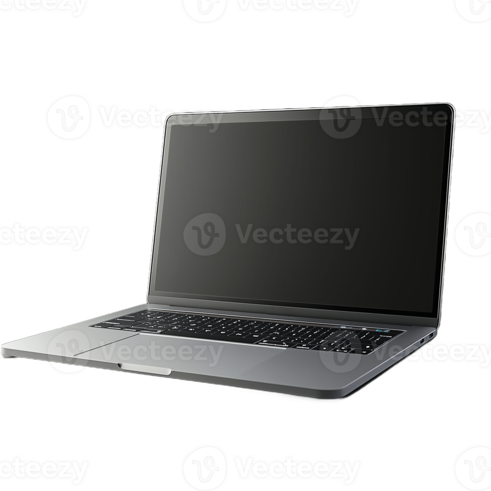 Open laptop computer with a sleek design featuring a blank screen on a transparent background, perfect for technology presentations and advertising png