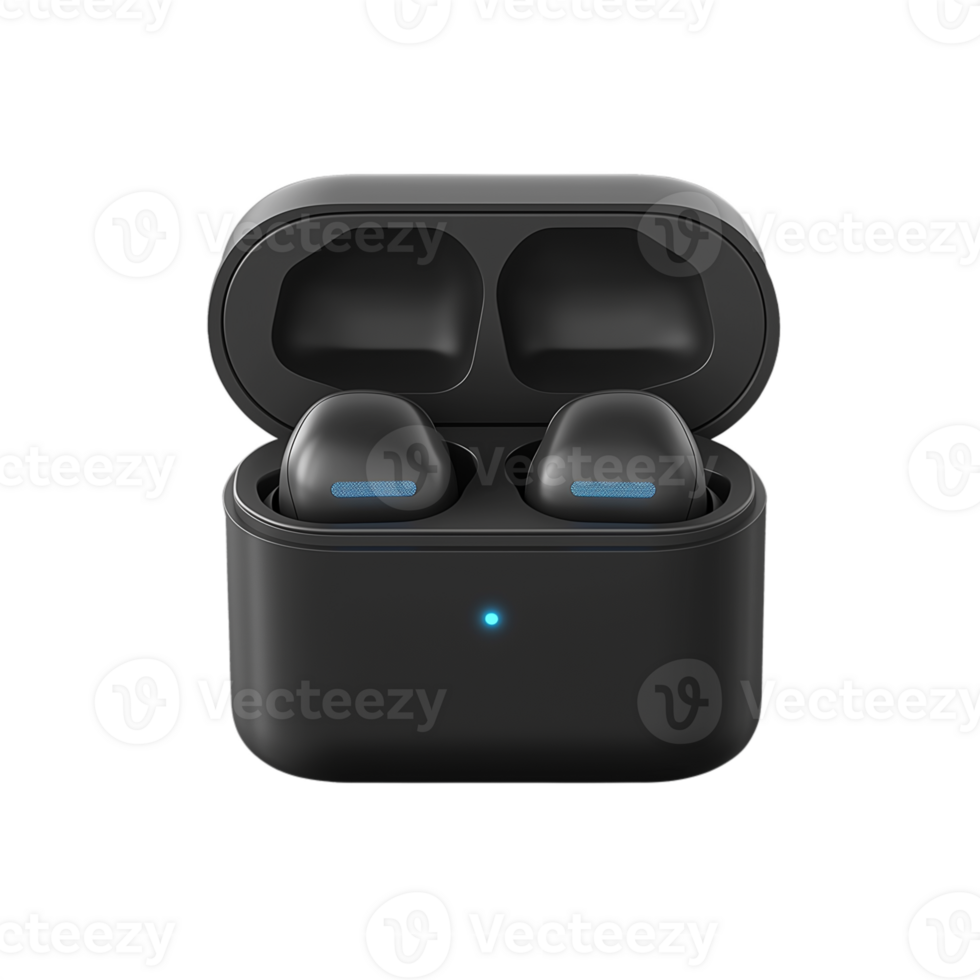 Modern wireless earbuds in sleek black design with charging case on transparent background, featuring blue indicator lights for a tech-savvy user experience png