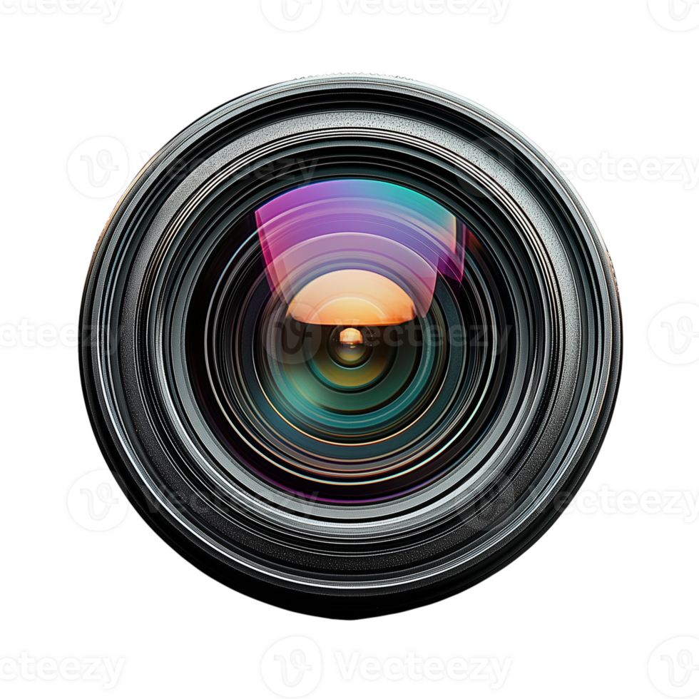 Close-up view of a camera lens with vibrant reflections on a transparent background showcasing the intricate design and precision of modern photography equipment. png