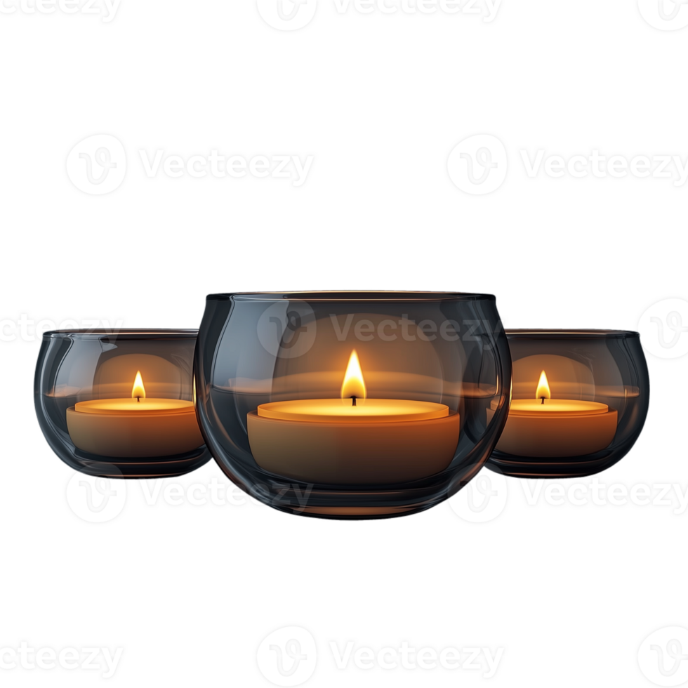 Three elegant glass candle holders with glowing candles illuminated against a transparent background creating a serene and warm ambiance perfect for relaxation and meditation scenes png