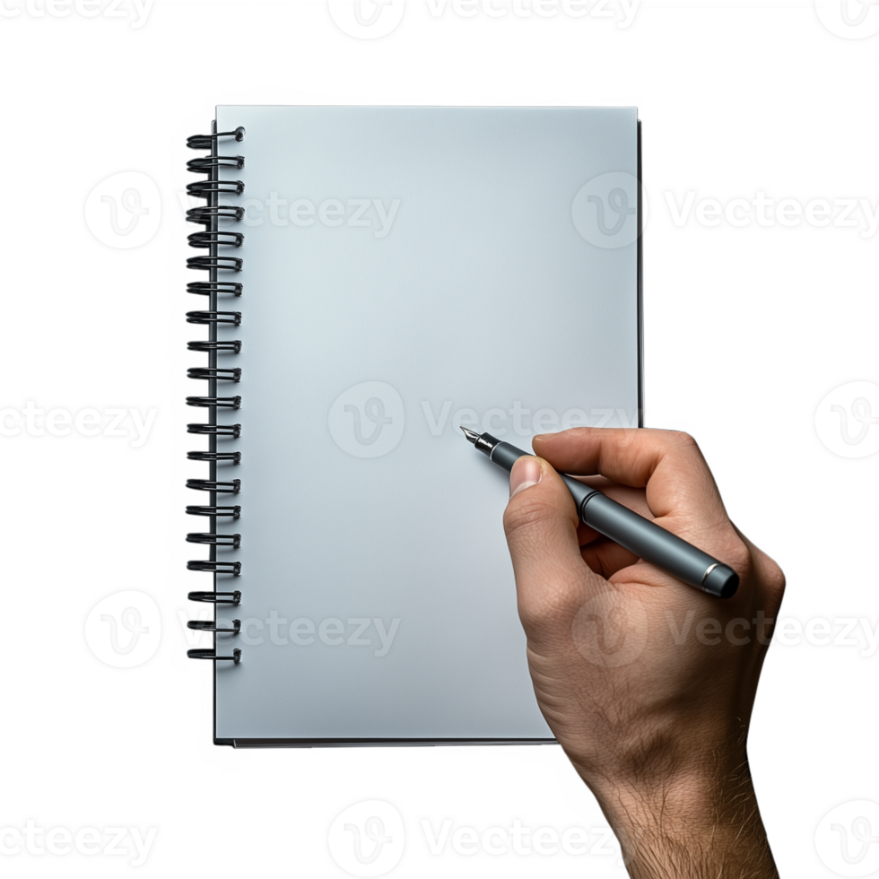 Hand holding a pen writing on a blank notebook page on transparent background png