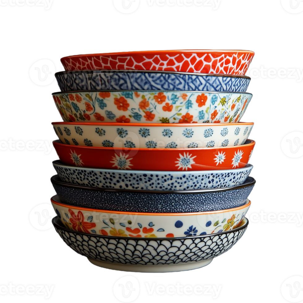 Stack of colorful ceramic bowls with intricate patterns on transparent background, showcasing a blend of traditional and modern design styles ideal for kitchenware and home decor png