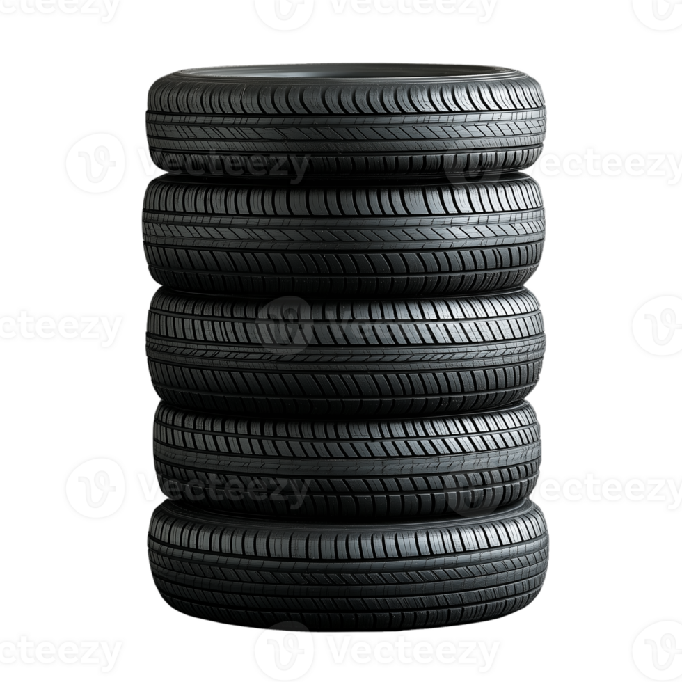 Stack of five black car tires on a transparent background showcasing treads and texture for automotive design and transport concepts. png