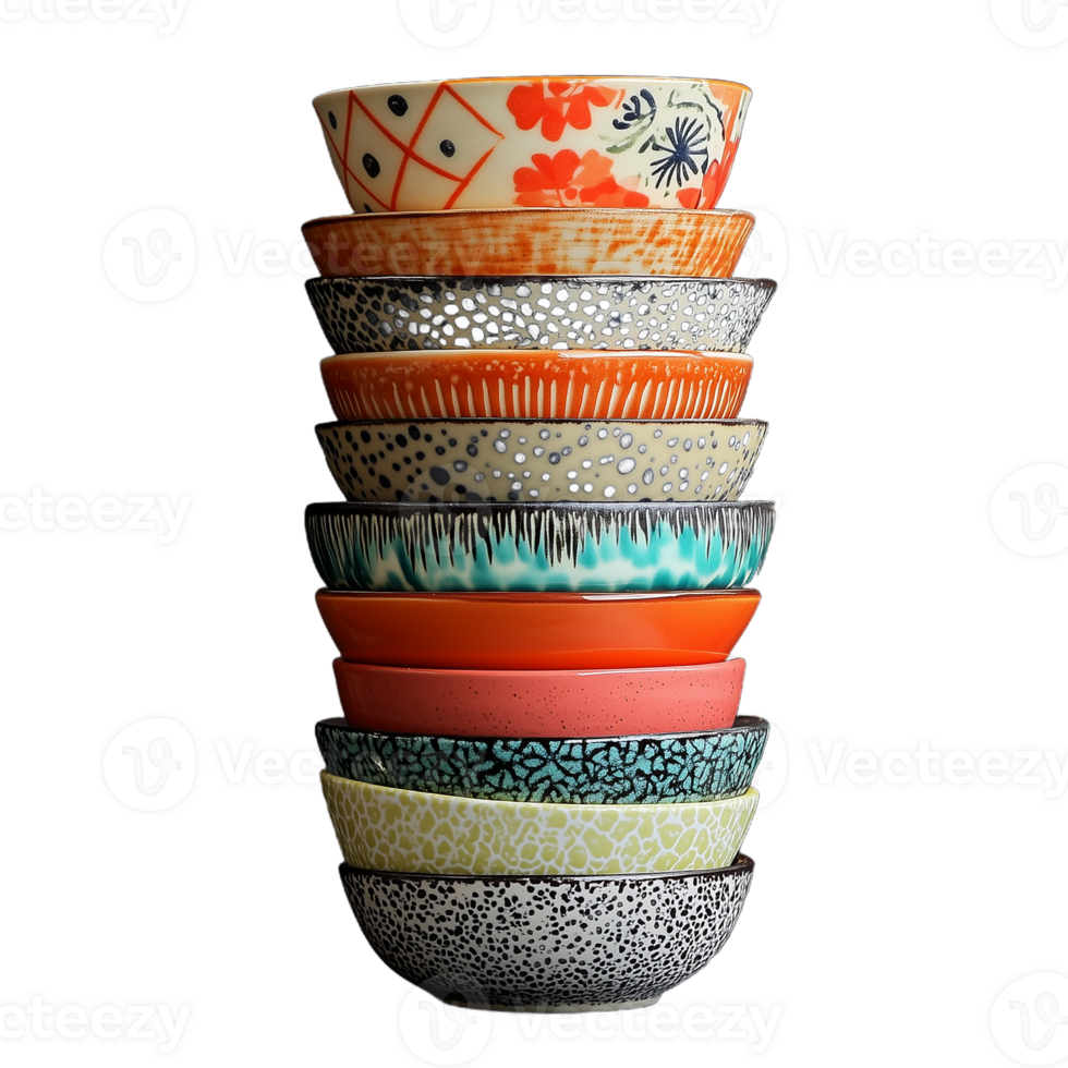 Stack of colorful ceramic bowls with various patterns on transparent background png