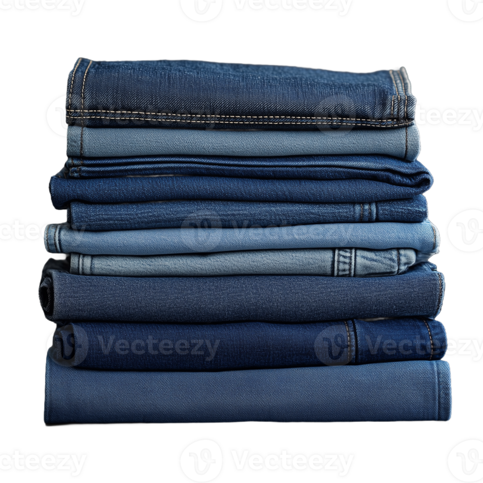 Stack of neatly folded blue denim jeans on a transparent background showcasing a variety of shades and textures for fashion and clothing design concepts png