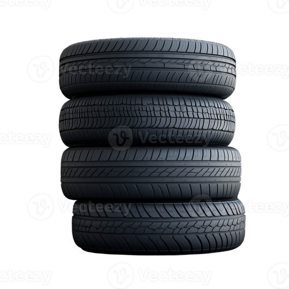 Stack of black automobile tires showcasing detailed tread texture on a transparent background for automotive and transportation concepts png