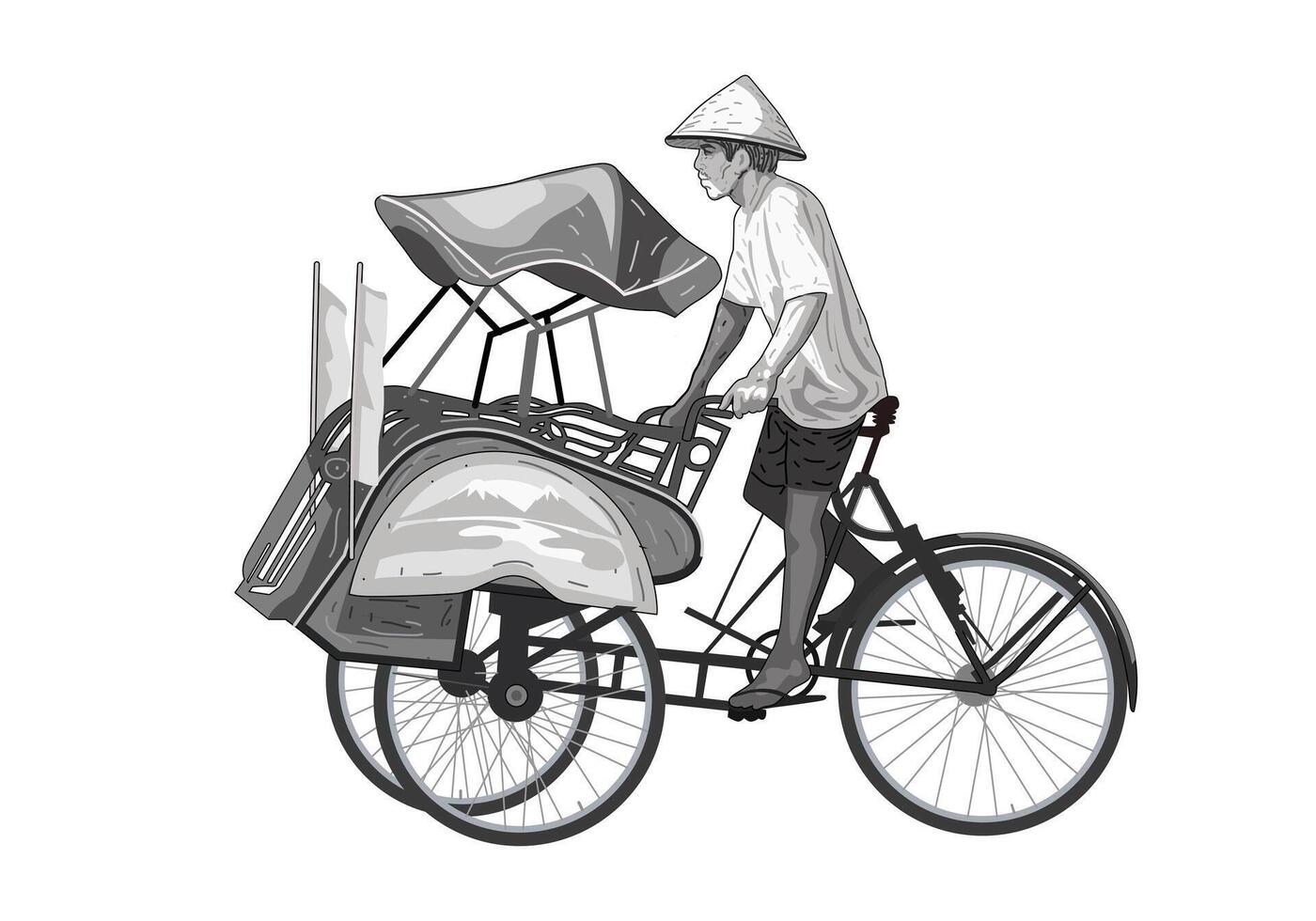 Sketch of a man riding tricycle becak yogyakarta illustration foe background design. vector
