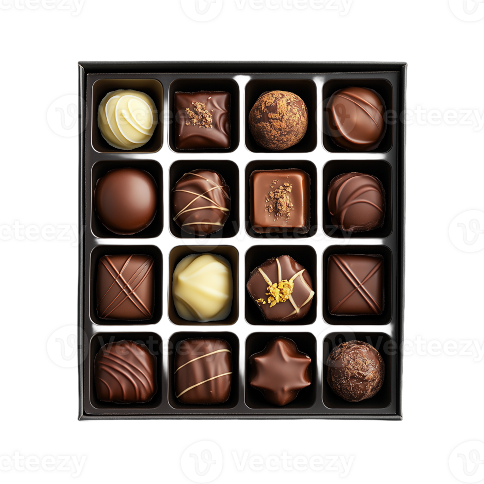 Elegant assortment of fine chocolates in a luxury box with a transparent background, showcasing diverse textures and flavors perfect for gifts and indulgence. png