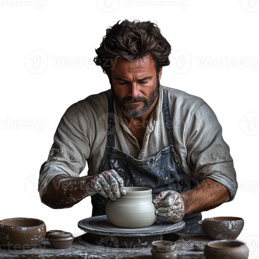 Skilled potter shaping clay on a pottery wheel with focus and concentration, surrounded by handmade ceramic bowls on a workbench in a workshop setting png