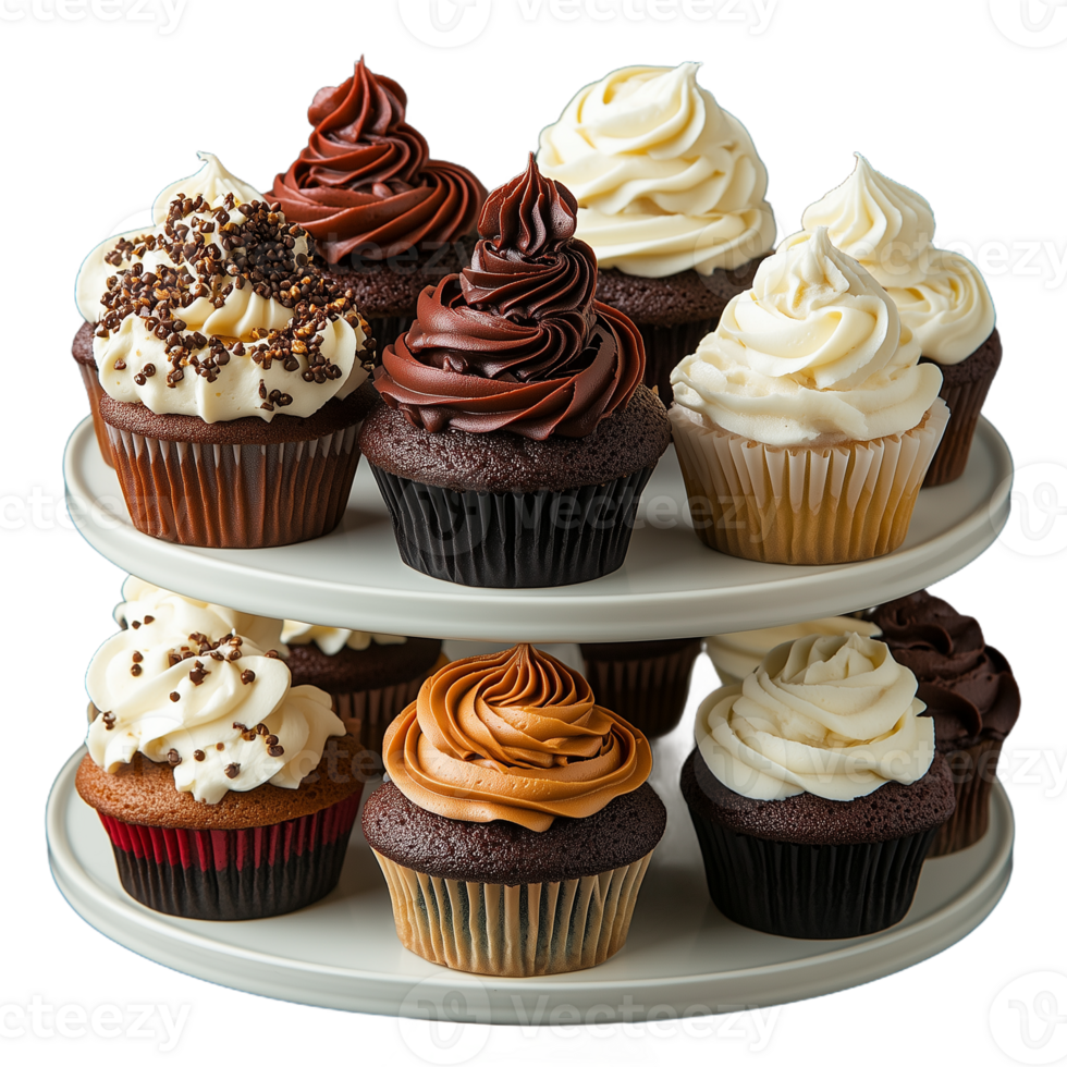 Assorted gourmet cupcakes with chocolate and vanilla frosting on a tiered stand, perfect for celebrating festive occasions with irresistible sweetness and artistic decoration. png