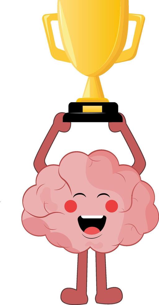 Hand drawn brain character holding winning trophy. Raising a trophy vector