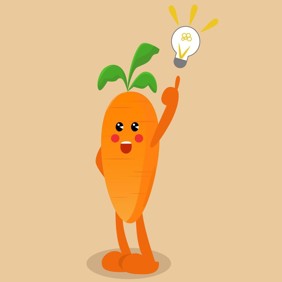 Creative thinking Customizable Cartoon Illustrations . Cute carrot having good idea with idea lamp sign illustration vector