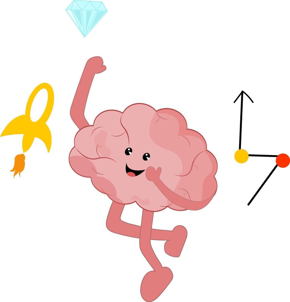 illustration of brain with arrow. cute brain cartoon flies and reaches for a diamond. . Diamond as the goal of all people. Success in projects and in business. Investing in jewelry. vector