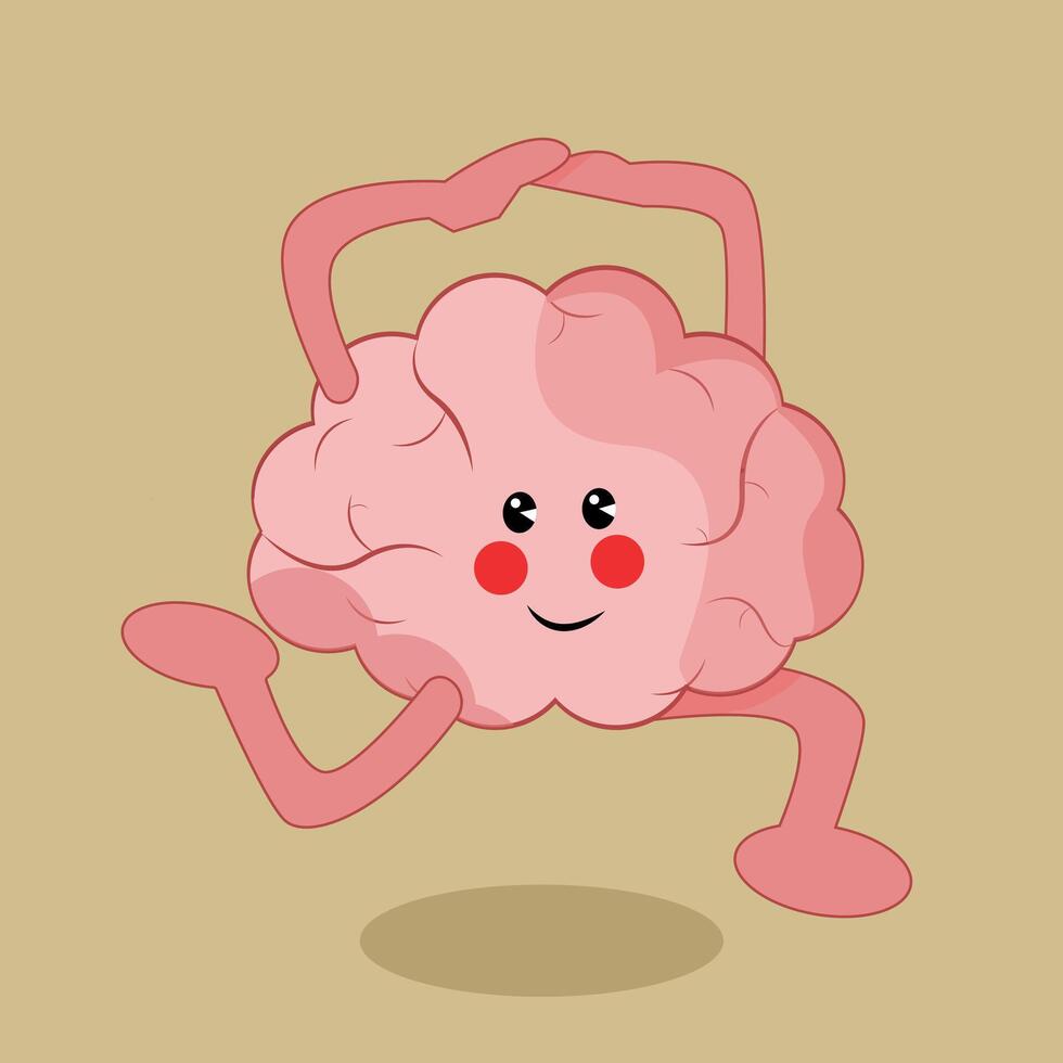 Cute brain characters. Brain character posing and making gymnastics yoga exercises vector