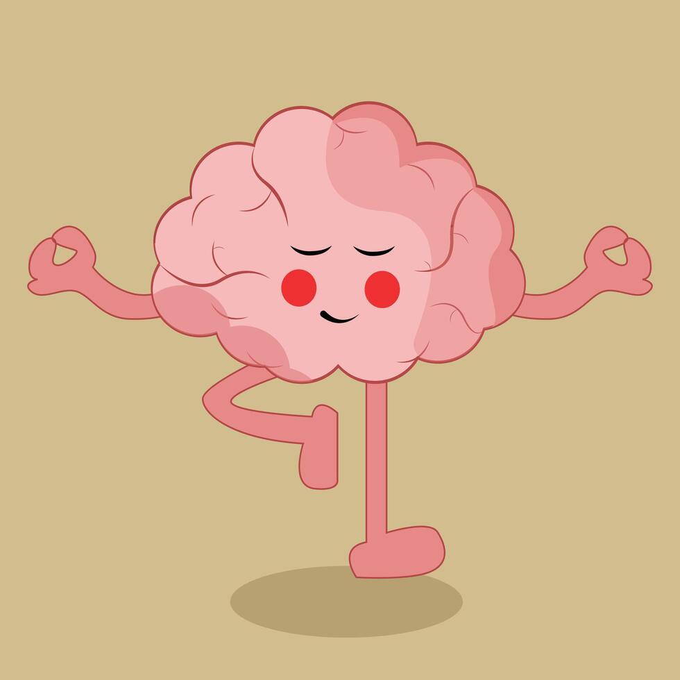 Funny brain yoga cartoon illustration collection design, The brain character in the Lotus position Meditation, relaxation. flat illustration. vector