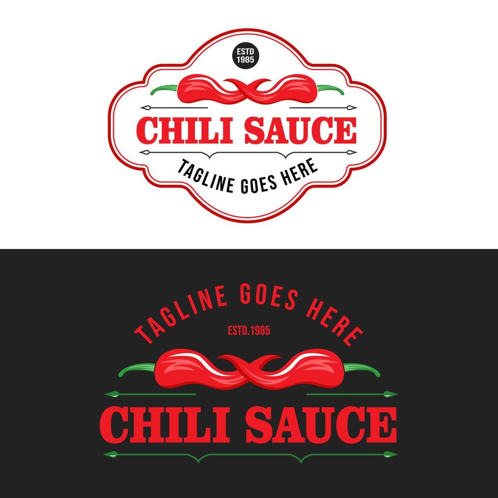 Chili Sauce Product Label Design with Retro Chili Sauce Logo Vintage Style Chili Sauce Label with Design Illustration in White and Black Background vector