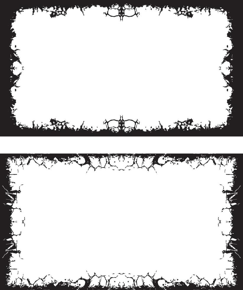 two black and white frames with a black and white design, three white vertical banners with black borders, a square frame with black and white grunge effect paint set vector