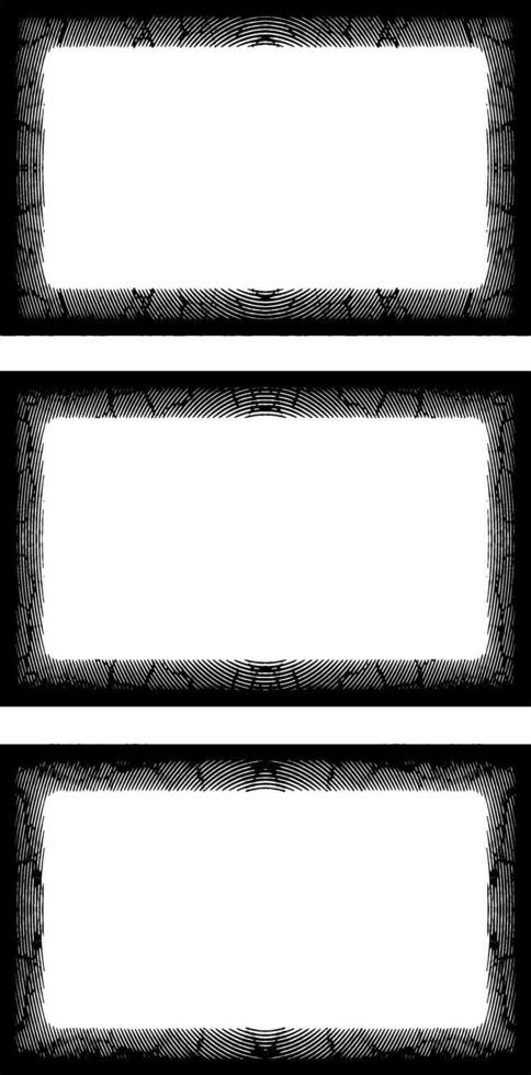 three blank white banners with black and white patterns, three white vertical banners with black borders, a square frame with black and white grunge effect paint set vector