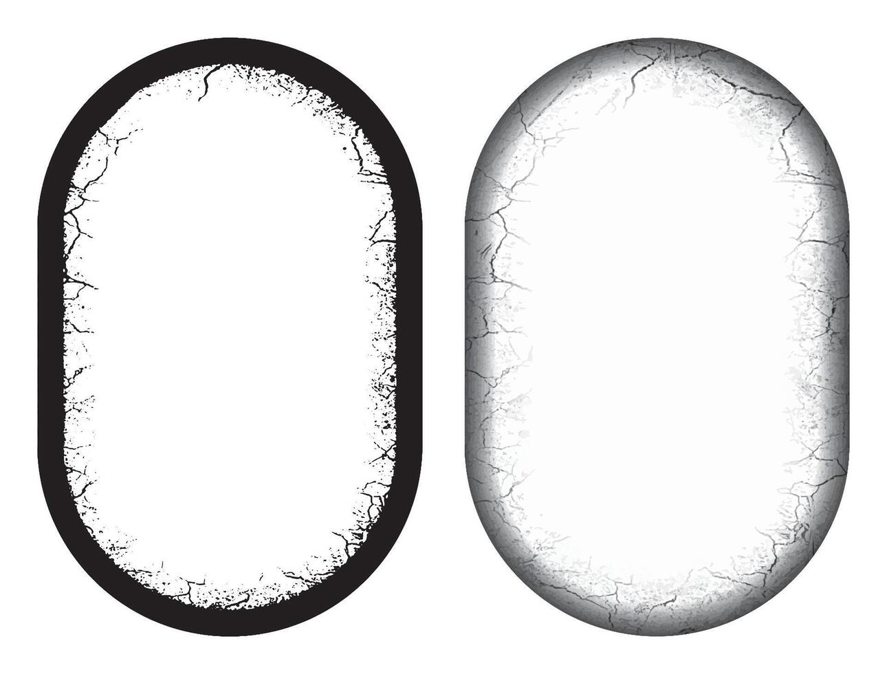 two oval frames with cracks on them, two black and white frames with grunge paint, a set of grunge frames with black and white designs illustrations vector