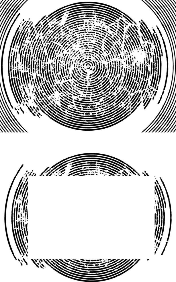 a set of circular fingerprint effect designs with a black and white background, two blank white frames with a black background, a set of grunge frames with black and white designs illustrations vector