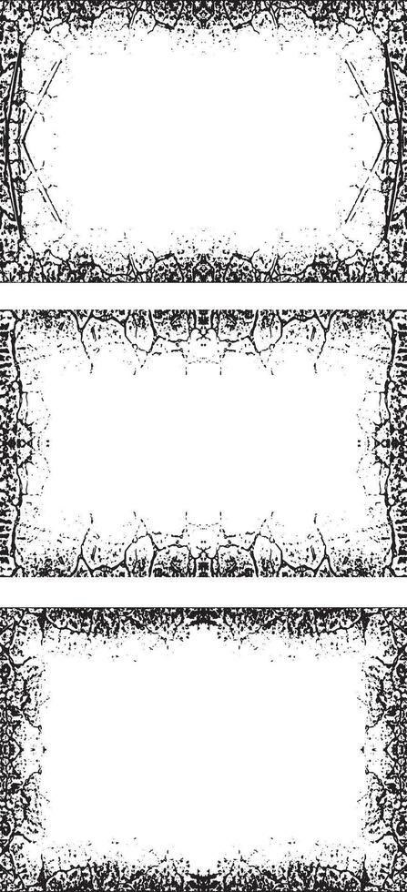 three black and white frames with ornate designs, three white vertical banners with black borders, a square frame with black and white grunge effect paint set vector
