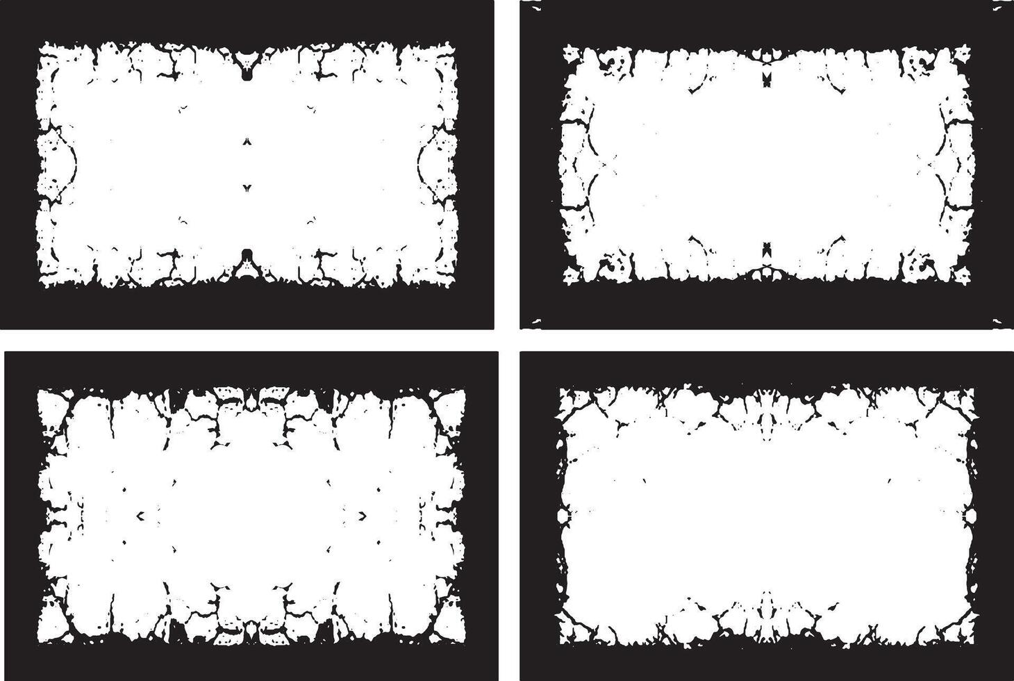 four square frames with black and white paint, three white vertical banners with black borders, a square frame with black and white grunge effect paint set vector
