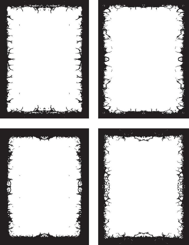 four square frames with black and white paint, three white vertical banners with black borders, a square frame with black and white grunge effect paint set vector