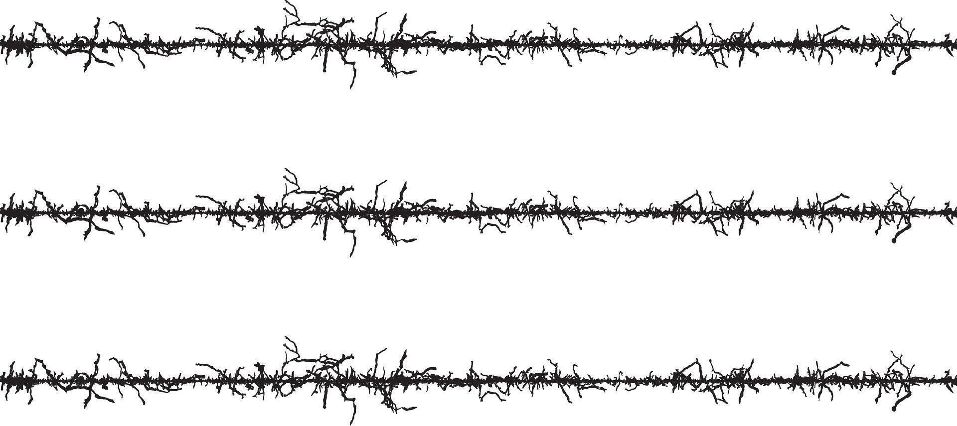 a series of black and white lines with a tree in the middle, A set of black and white fence lines with different shapes, a border wire with barbed wire, barbed with a line vector