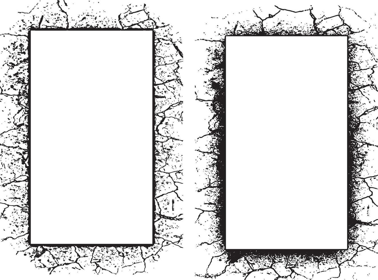 two square frames with cracks on a white background, three white vertical banners with black borders, a square frame with black and white grunge effect paint set vector
