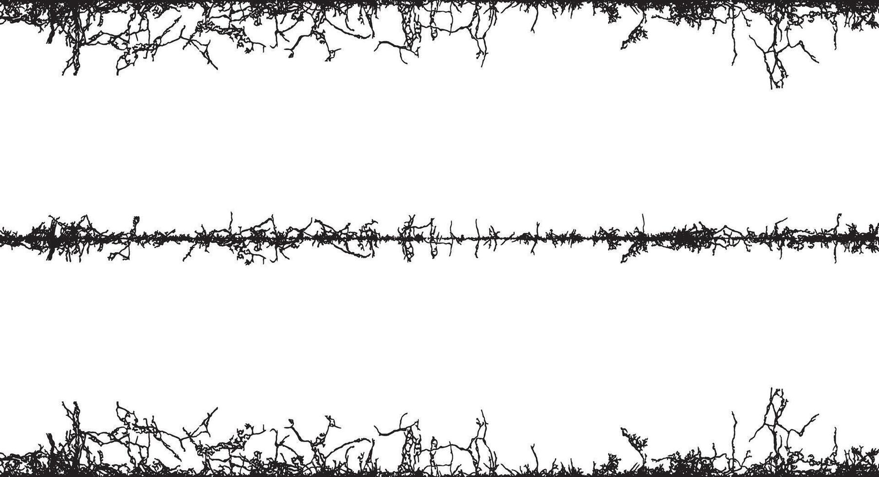 a black and white image of a tree with branches, A set of black and white fence lines with different shapes, a border wire with barbed wire, barbed with a line vector